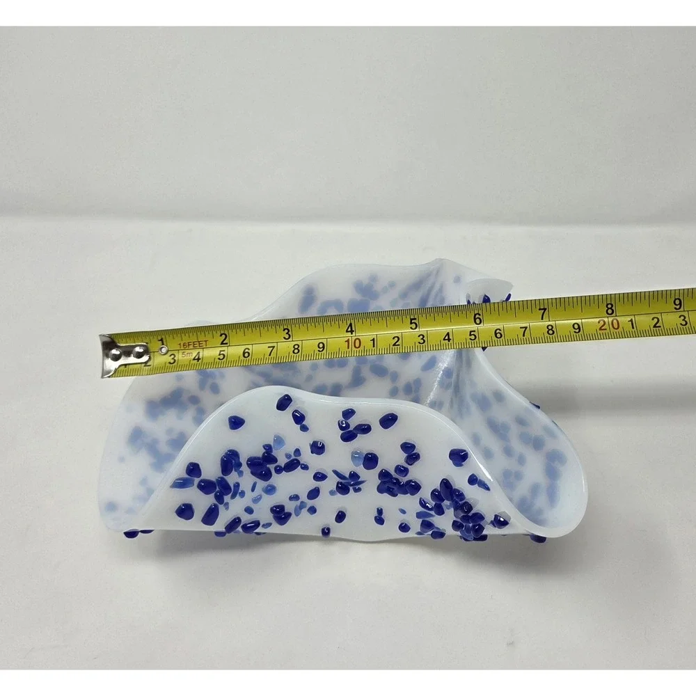 Blue White Confetti Art Glass Handkerchief Bowl Vase Ruffled Hand Blown 9